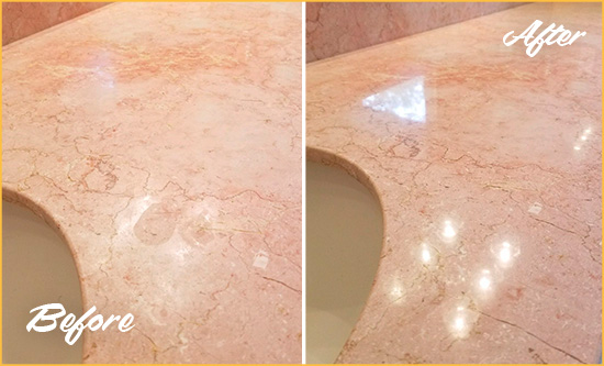 Before and After Picture of a White Sands Marble Stone Vanity Top Sealed to Avoid Water Marks