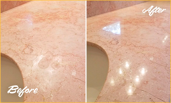 Before and After Picture of a Sheepshead Bay Marble Stone Vanity Top Sealed to Avoid Water Marks