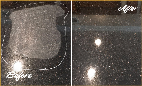 Before and After Picture of a Park Slope Granite Kitchen Countertop Honed to Eliminate Scratch