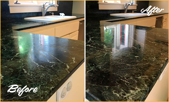 Before and After Picture of a Gowanus Marble Kitchen Countertop Honed to Remove Water Marks
