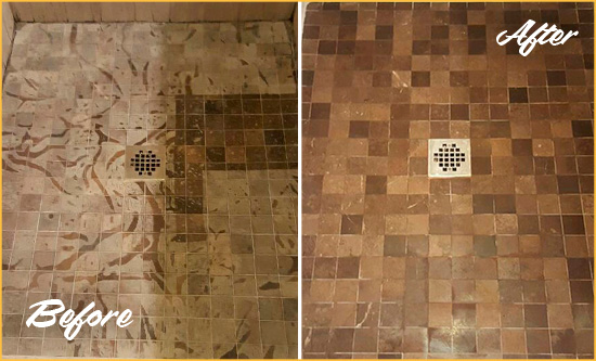 Before and After Picture of a Mill Basin Marble Shower Honed to Remove Etching