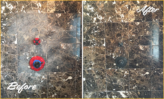 Before and After Picture of a Barren Island Marble Shower Honed to Remove Scratches