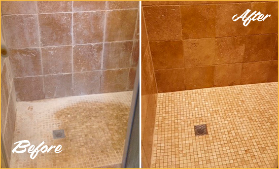 Before and After Picture of a Flatlands Travertine Shower Honed to Remove Mineral Deposits