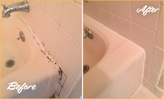 Before and After Picture of a Mill Basin Hard Surface Restoration Service on a Tile Shower to Repair Damaged Caulking