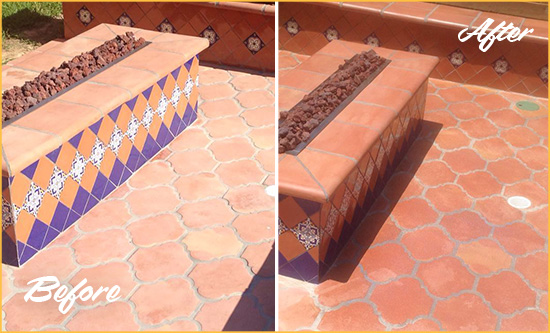 Before and After Picture of a Bay Ridge Hard Surface Restoration Service on a Dull Terracotta Patio Floor to Recover Its Color
