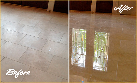 Before and After Picture of a Red Hook Hard Surface Restoration Service on a Dull Travertine Floor Polished to Recover Its Splendor