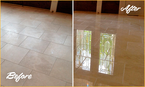 Before and After Picture of a Borough Park Hard Surface Restoration Service on a Dull Travertine Floor Polished to Recover Its Splendor