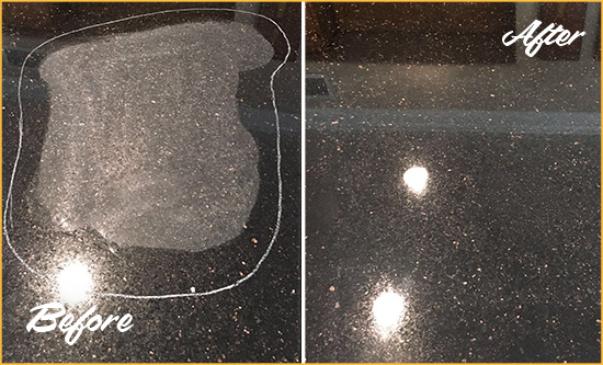 Before and After Picture of a White Sands Hard Surface Restoration Service on a Granite Countertop to Remove Scratches