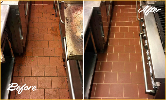 Before and After Picture of a White Sands Hard Surface Restoration Service on a Restaurant Kitchen Floor to Eliminate Soil and Grease Build-Up