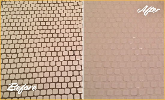 Before and After Picture of a Mill Basin Hard Surface Restoration Service on a Bathroom Tile Floor Recolored to Fix Grout Color