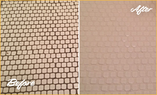 Before and After Picture of a Greenpoint Hard Surface Restoration Service on a Bathroom Tile Floor Recolored to Fix Grout Color