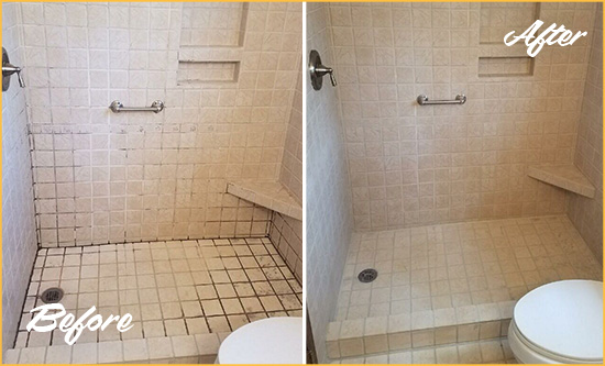 Before and After Picture of a Gowanus Shower Grout Cleaned to Remove Mold