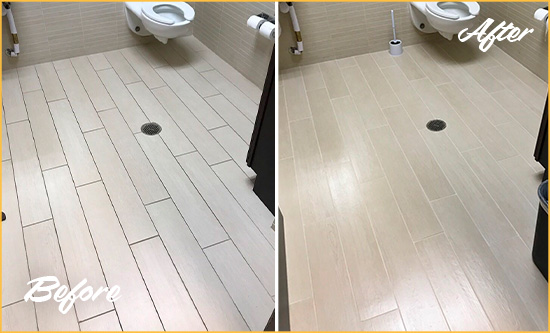 Before and After Picture of a Greenpoint Office Restroom's Grout Cleaned to Remove Dirt