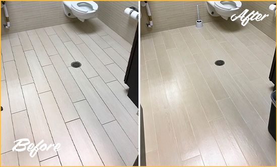 Before and After Picture of a Marine Park Office Restroom's Grout Cleaned to Remove Dirt