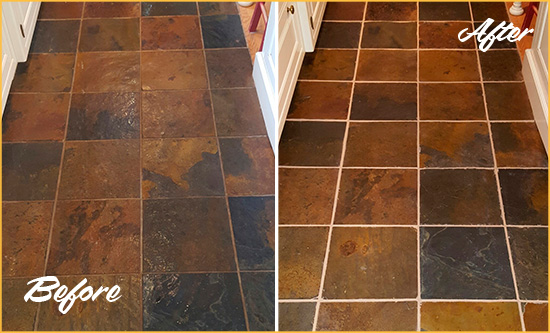 Before and After Picture of White Sands Slate Floor Grout Cleaned to Remove Dirt