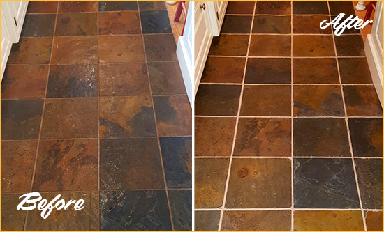 Before and After Picture of Barren Island Slate Floor Grout Cleaned to Remove Dirt