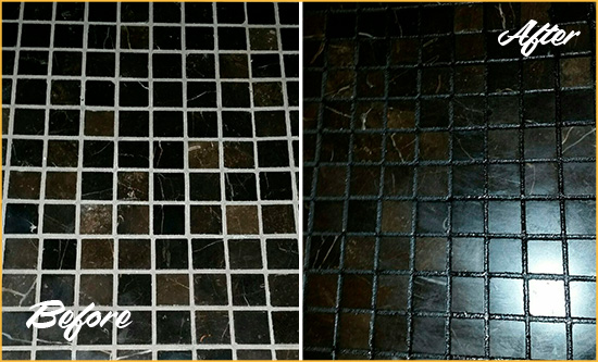 Before and After Picture of a Gowanus Black Floor with Recolored Grout