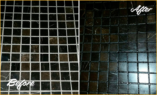 Before and After Picture of a Mill Basin Black Floor with Recolored Grout