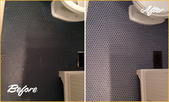 Before and After Picture of a Bergen Beach Blue Tile Floor Recolored Grout