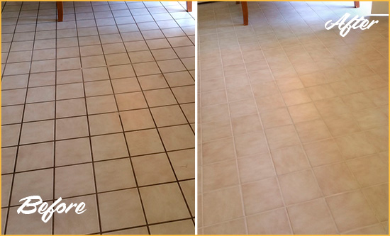 Before and After Picture of a Boerum Hill Kitchen Tile Floor with Recolored Grout