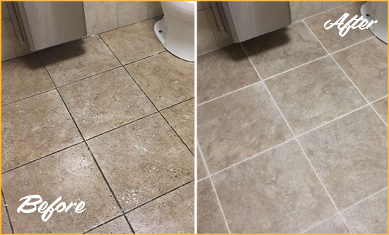 Before and After Picture of a Flatlands Office Restroom Floor Recolored Grout