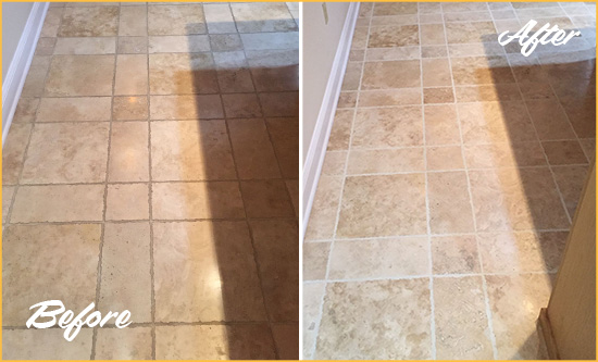 Before and After Picture of a Flatlands Travertine Kitchen Floor Recolored Grout