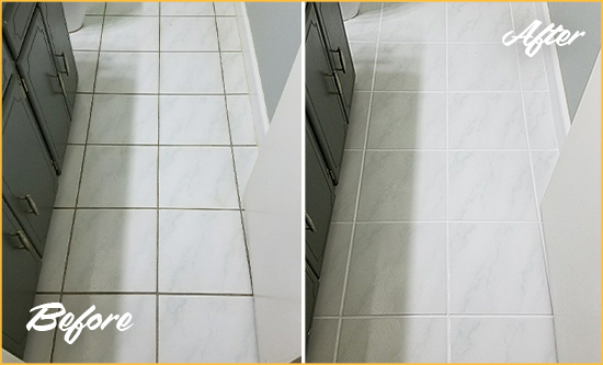 Before and After Picture of a White Sands White Ceramic Tile with Recolored Grout