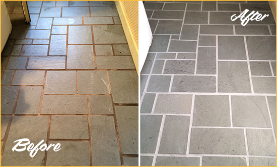Before and After Picture of Damaged Marine Park Slate Floor with Sealed Grout