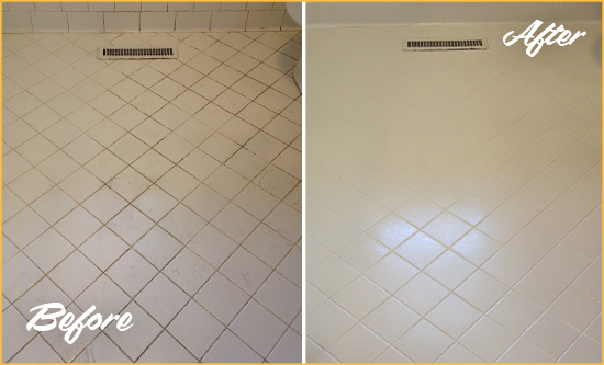 Before and After Picture of a Cobble Hill White Bathroom Floor Grout Sealed for Extra Protection
