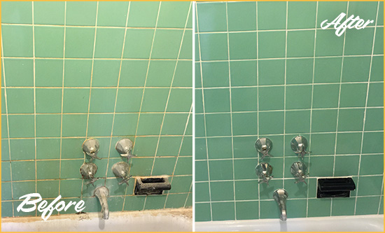 Before and After Picture of a Williamsburg Bath Tub Grout Sealed to Avoid Water Damage