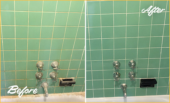 Before and After Picture of a Dumbo Bath Tub Grout Sealed to Avoid Water Damage