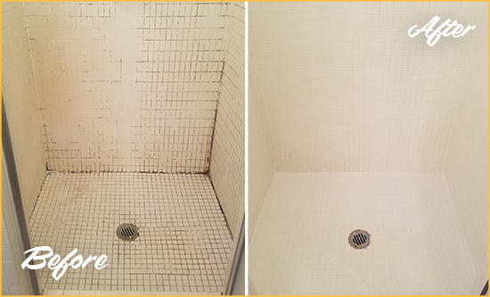 Before and After Picture of a White Sands Bathroom Grout Sealed to Remove Mold