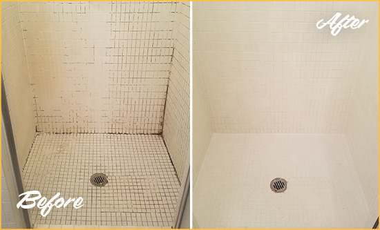 Before and After Picture of a Barren Island Bathroom Grout Sealed to Remove Mold