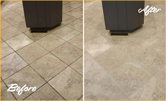 Before and After Picture of a South Slope Kitchen Floor Grout Sealed to Remove Stains