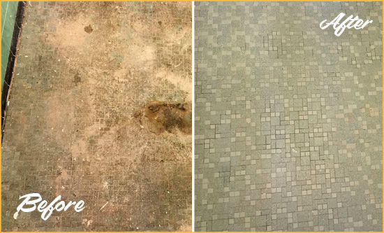 Before and After Picture of a Bay Ridge Mosaic Shower Cleaned to Eliminate Embedded Dirt