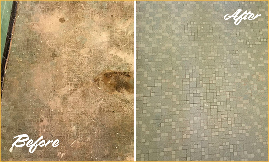 Before and After Picture of a Williamsburg Mosaic Shower Cleaned to Eliminate Embedded Dirt