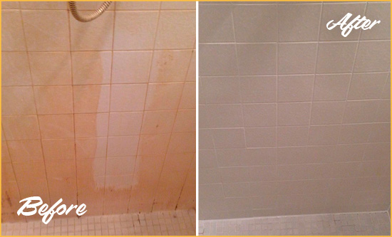 Before and After Picture of a Clinton Hill Porcelaine Shower Cleaned to Remove Soap Scum