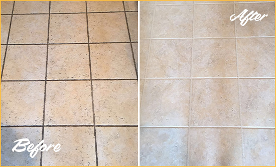 Before and After Picture of a White Sands Ceramic Floor Cleaned to Remove Soil