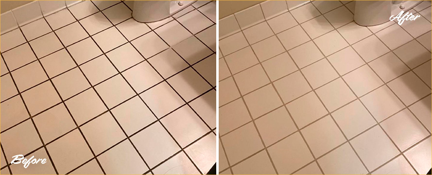Bathroom Floor Before and After a Grout Cleaning in Brooklyn Heights, NY