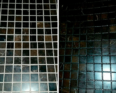 Shower Before and After a Grout Recoloring in Carroll Gardens, NY