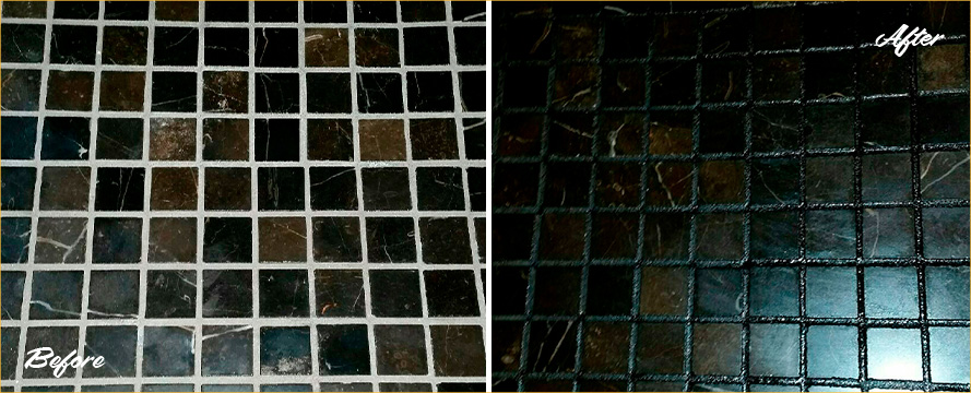 Shower Before and After a Superb Grout Recoloring in Carroll Gardens, NY