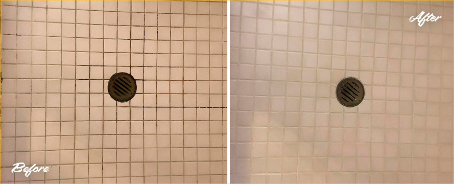 Shower Floor Before and After a Grout Cleaning in Williamsburg, NY
