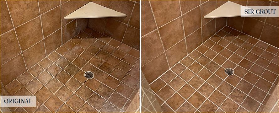 Shower Floor and Walls Before and After a Grout Cleaning in Williamsburg